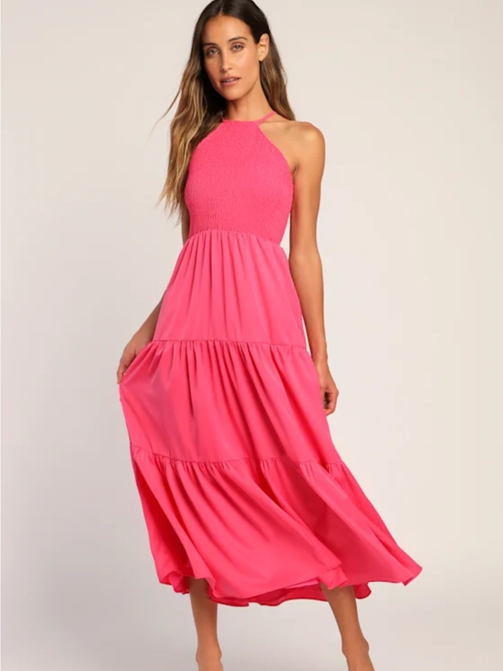 Lulus Pier and Now Hot Pink Smocked Tie-Back Midi Dress Size Medium - Picture 1 of 11